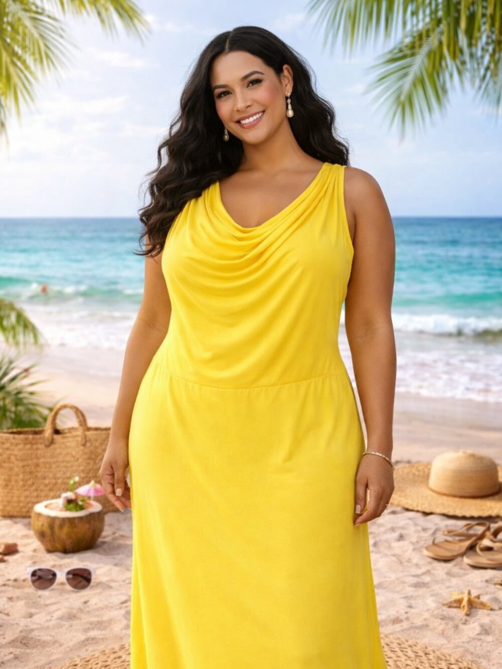 Ashley Stewart Yellow Maxi Dress Sleeveless Draped Neck Plus Size 14/16